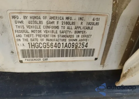 2001 Honda Accord 2.3 Lx из США, поврежденный, VIN 1HGCG56401A099254